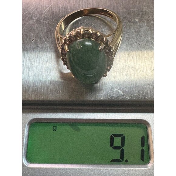 Estate Sterling Silver 925 Green Jade Oval Halo Ring Size 11 Gold Vermeil 9.1g - Picture 8 of 8